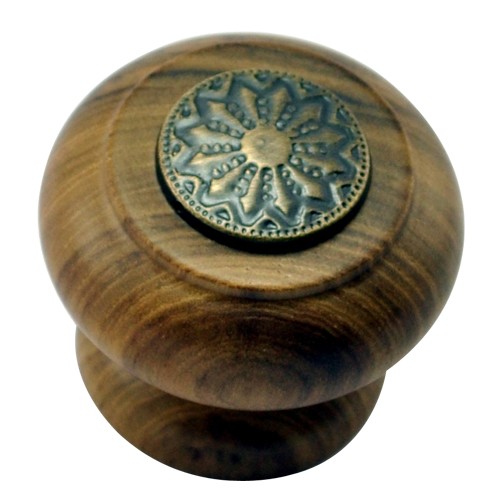 41mm Mushroom Wooden Cabinet Knob with Antique Brass Coin 